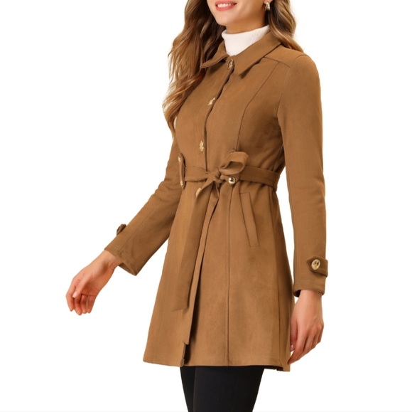 Faux Suede Mid-Thigh Belted Single Breasted Trench Coat Size Medium - Picture 8 of 9